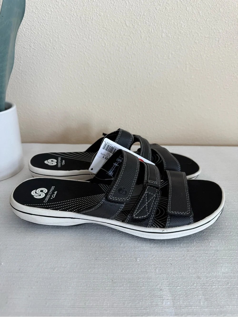 New Cloudsteppers by Clarks Black & White Slide Sandals with Triple-Strap Design